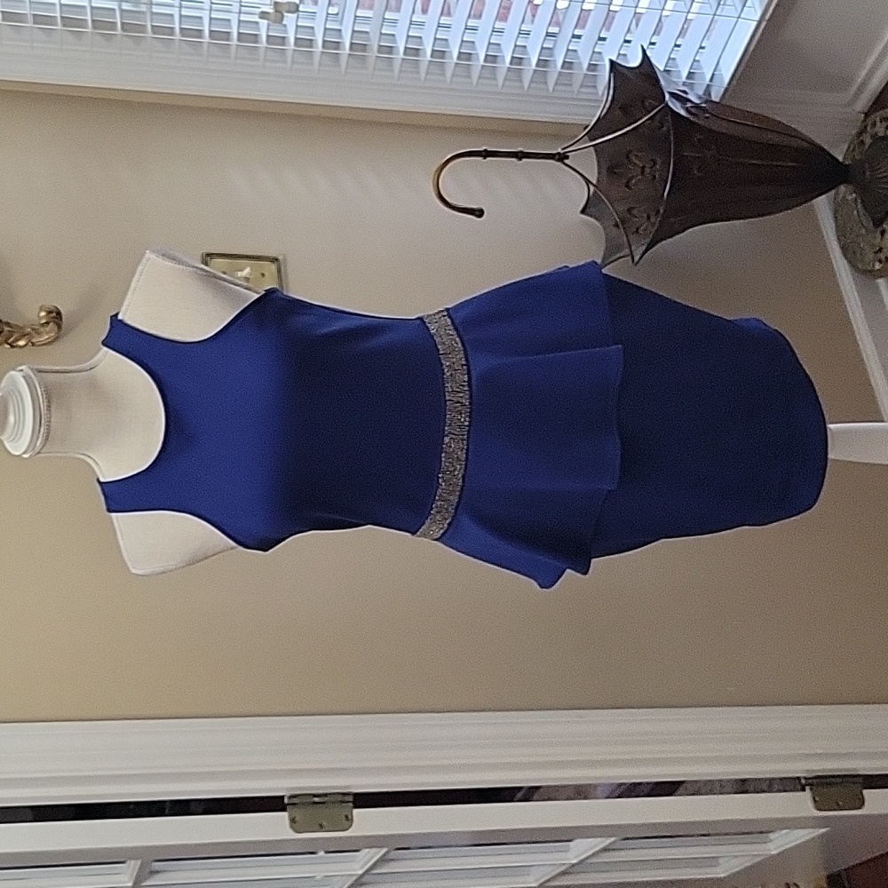 Francesca's My Story royal blue sleeveless dress silver bead waist peplum M NEW…